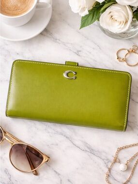 Coach Lime Green Leather Continental Wallet with Silver 'C' Accent